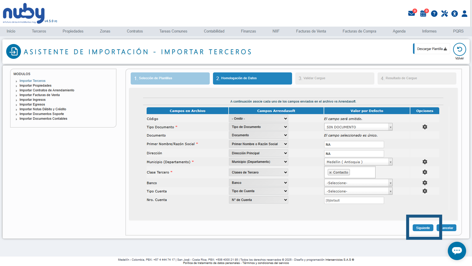 Avanzar para Realizar la Importación