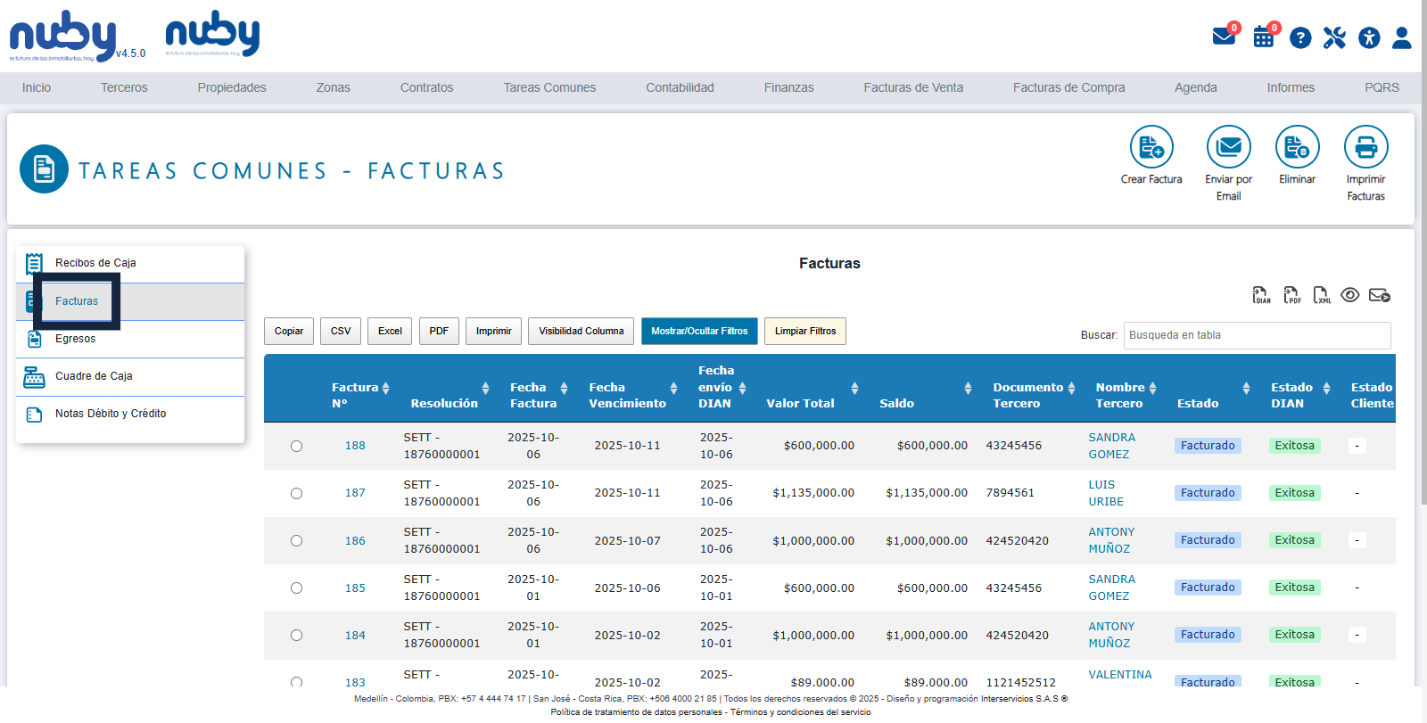 View invoices by clicking the 'Facturas' menu item