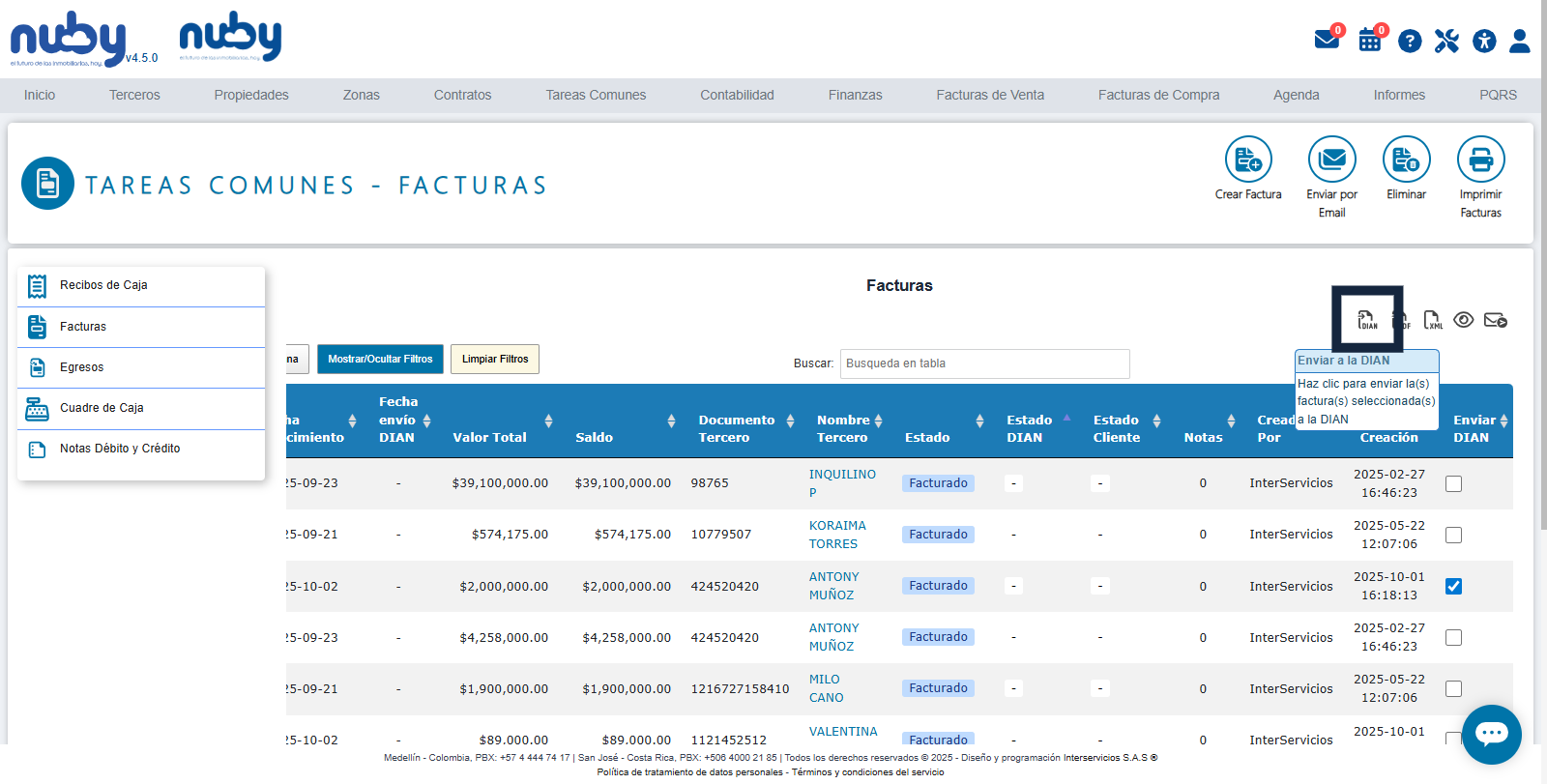Send the selected invoice to DIAN for official processing