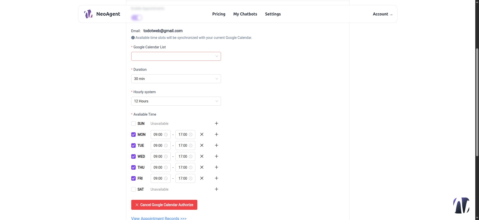 Calendario Configurato