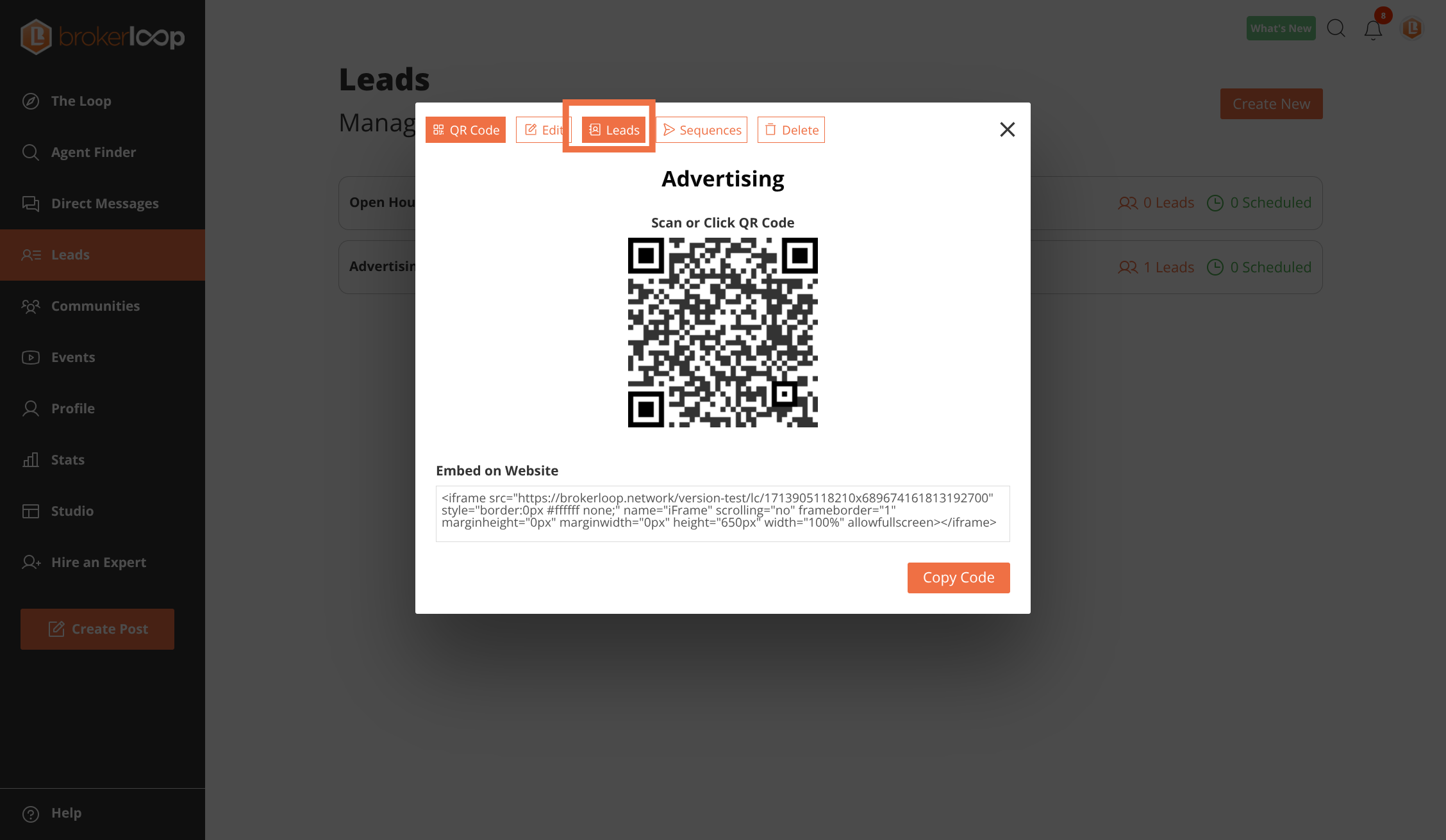 Click the Leads button
