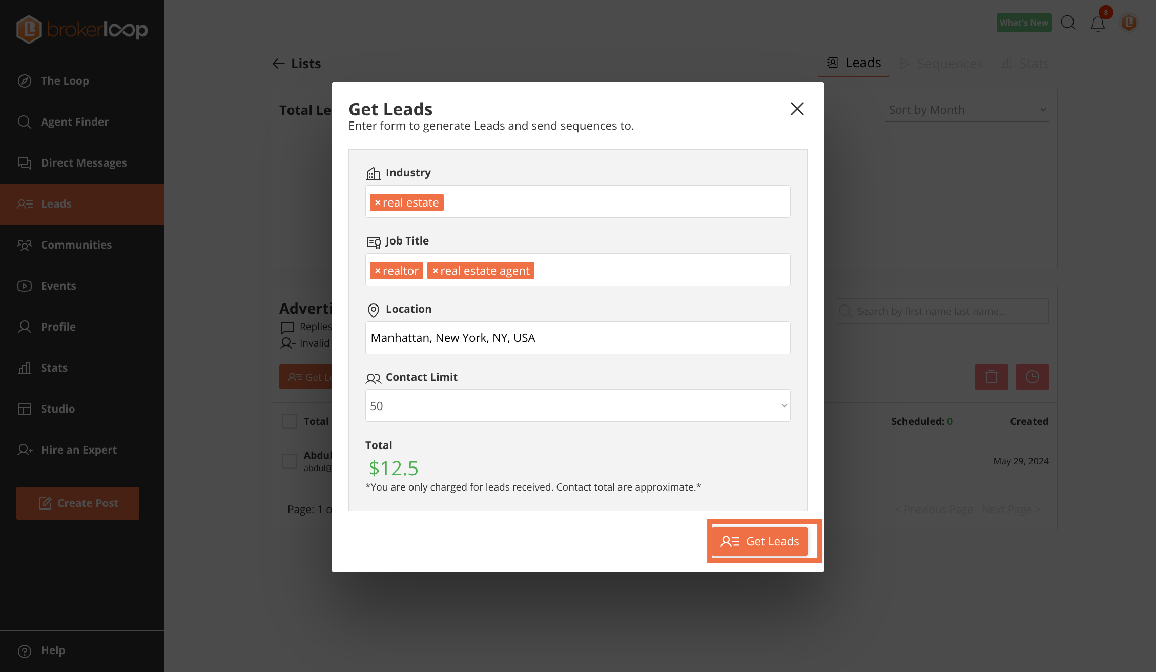 Submit lead generation form with specified criteria