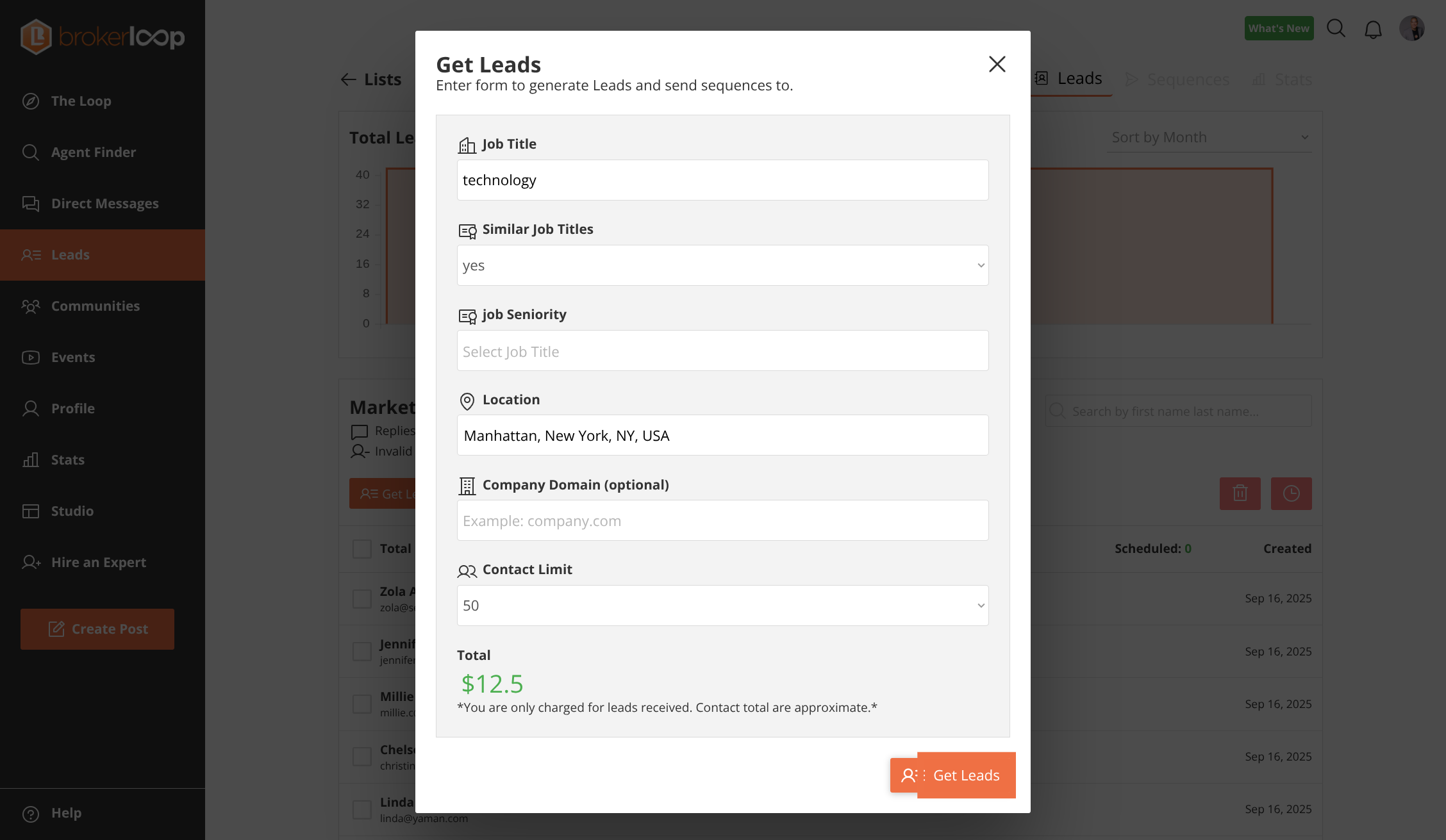 Submit lead generation form with specified criteria