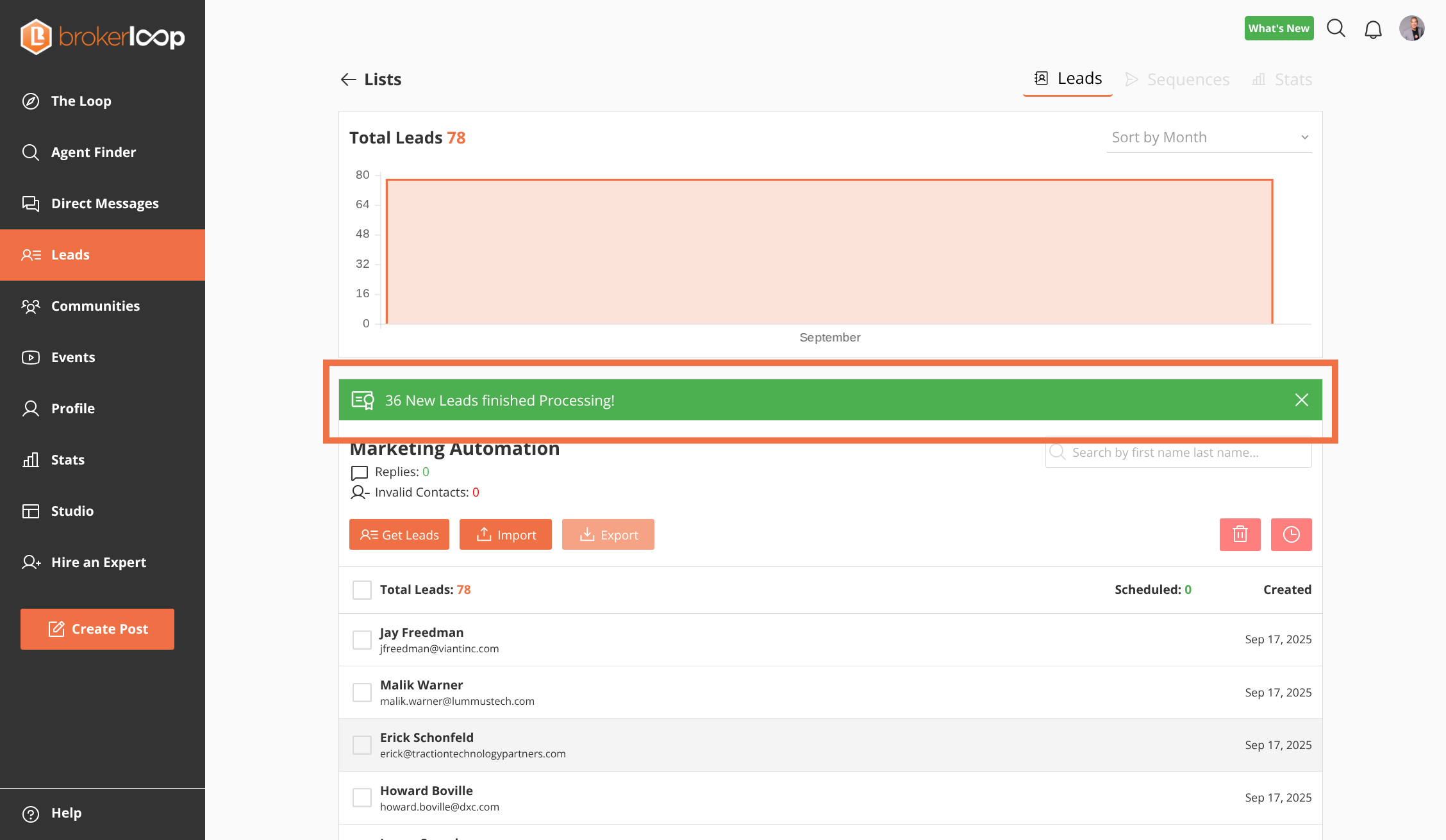 View processing status. Depending on list size, can take up to 10 minutes to complete