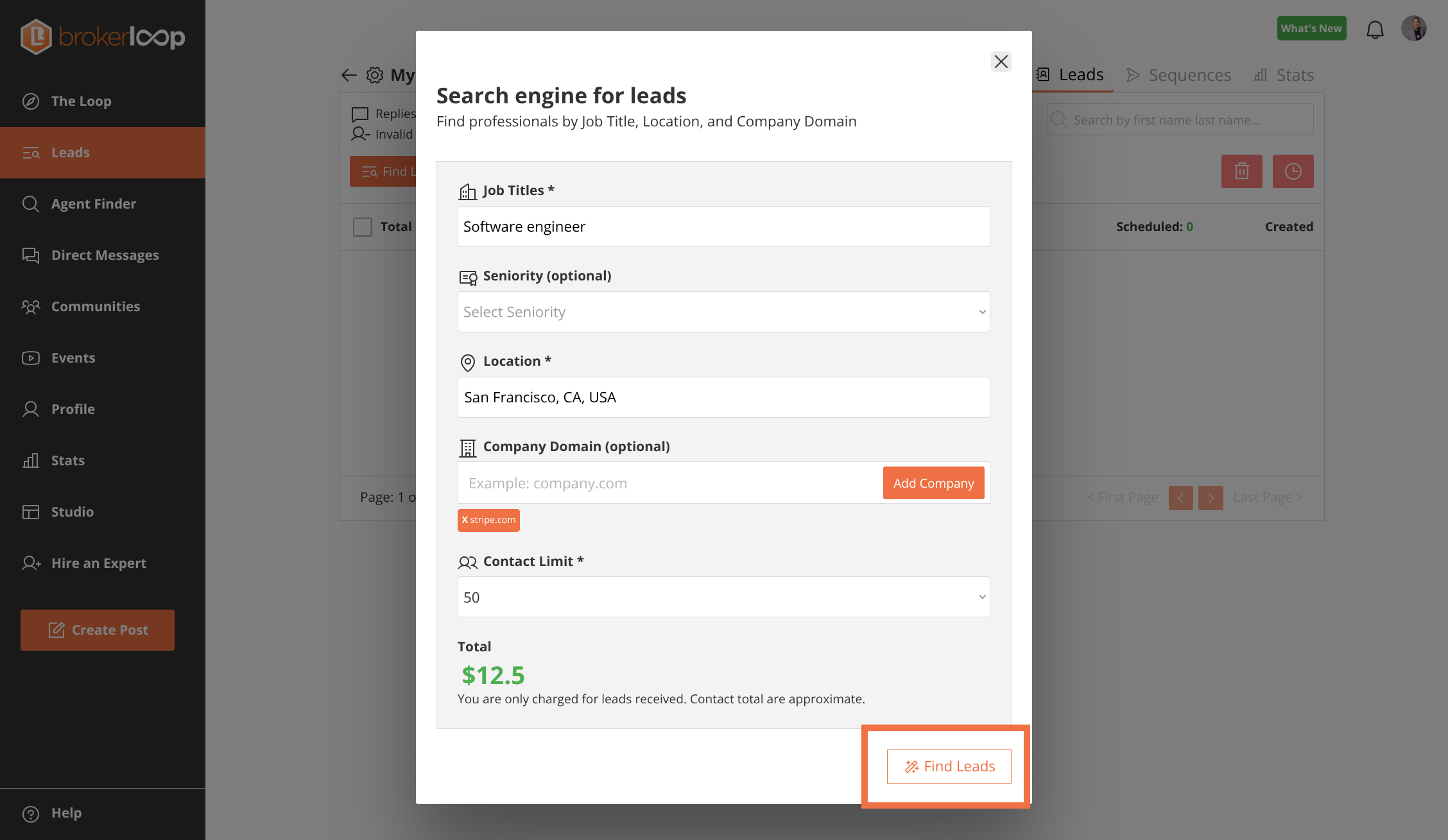 Enter your search details on the form then click the find leads button