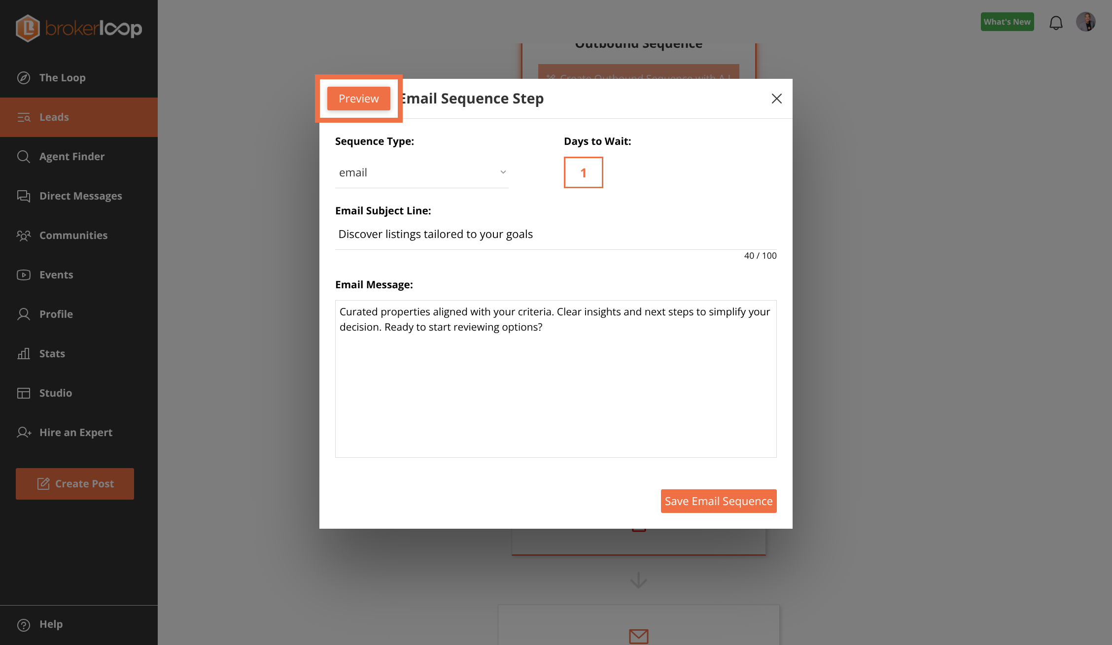 Preview the email message, set Days to Wait, Email Subject and message body