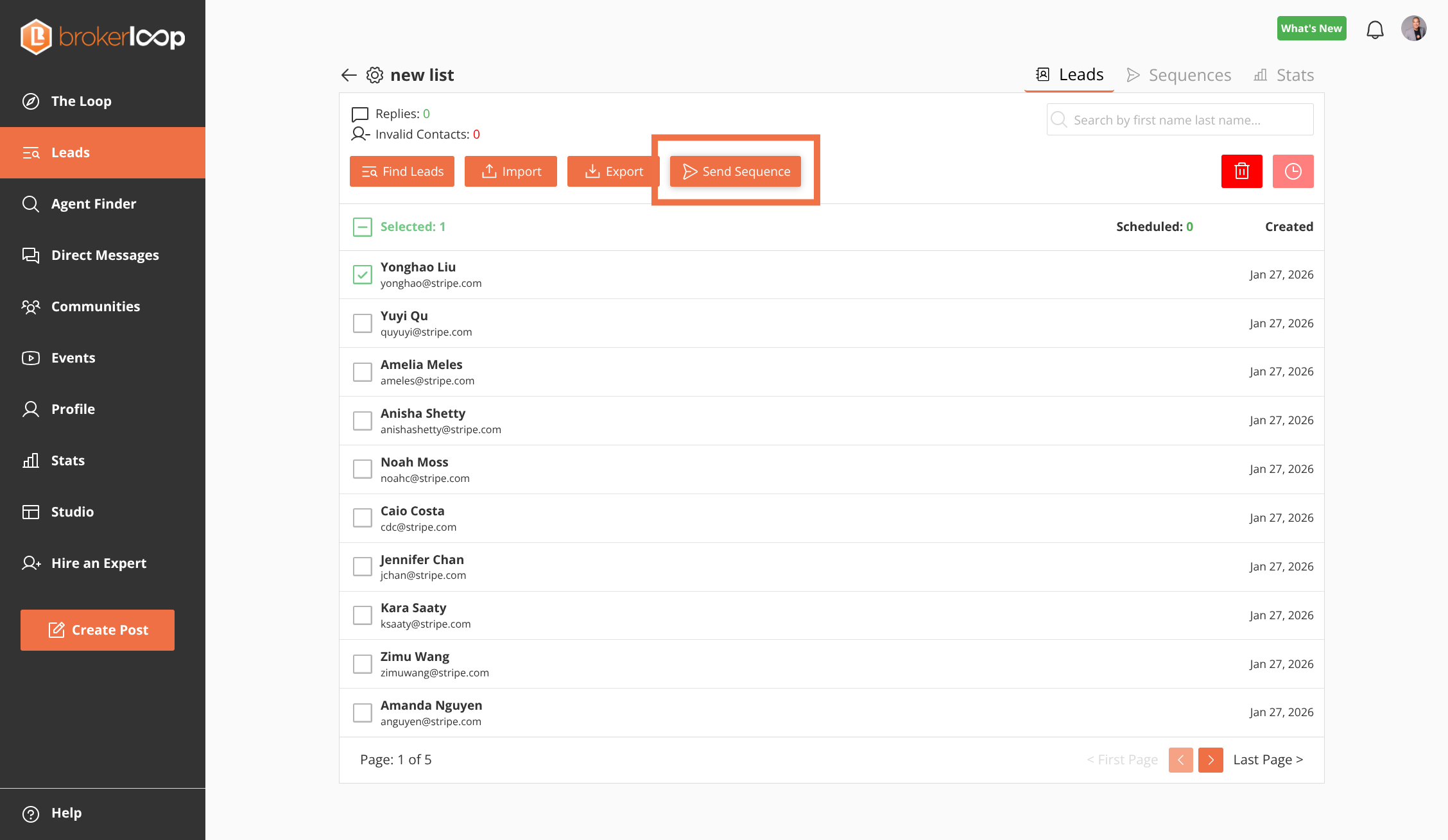 Select Leads, then Click 'Send Sequence' to begin the scheduling process