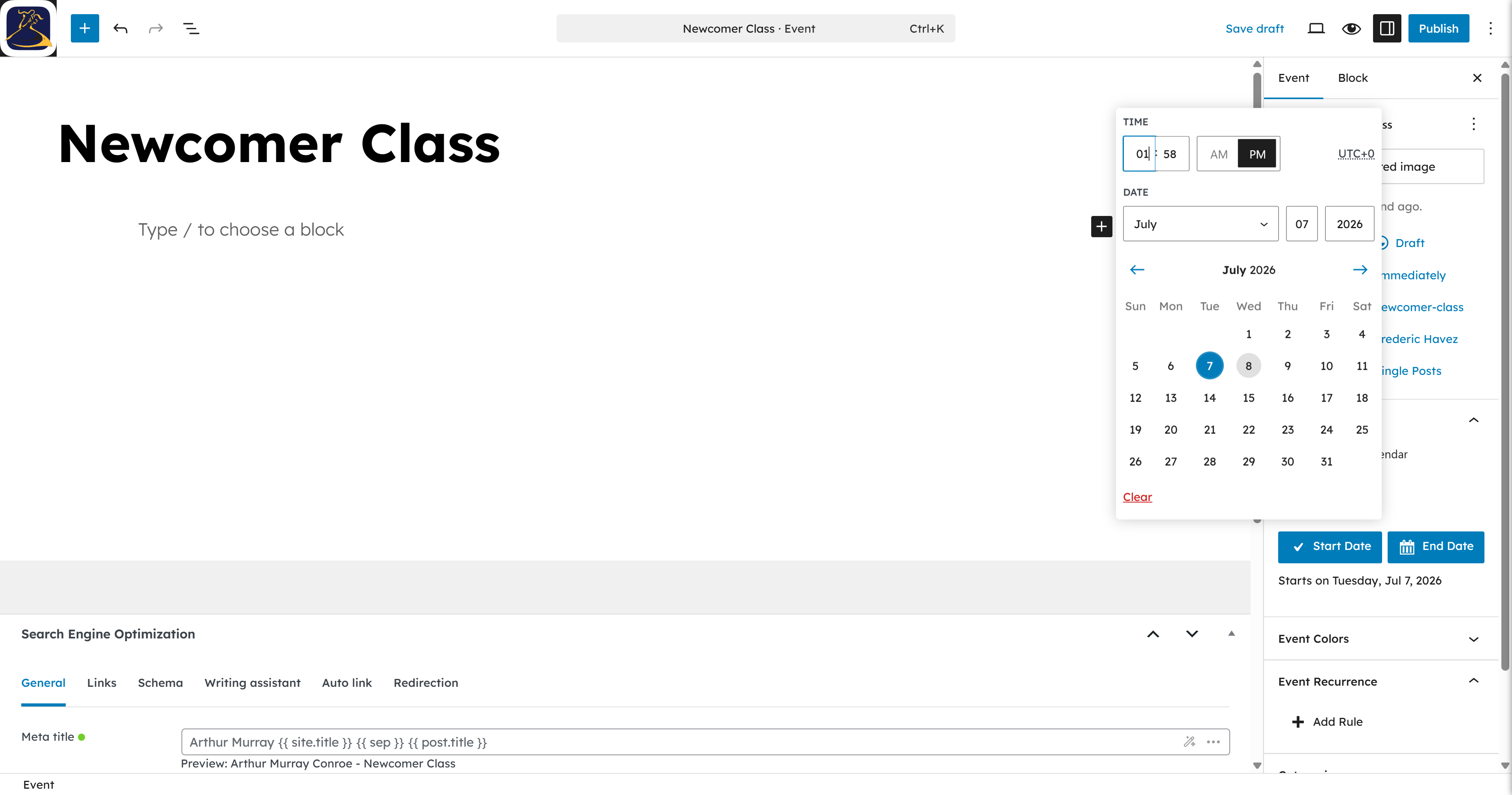 Click the time input to adjust the hour.
