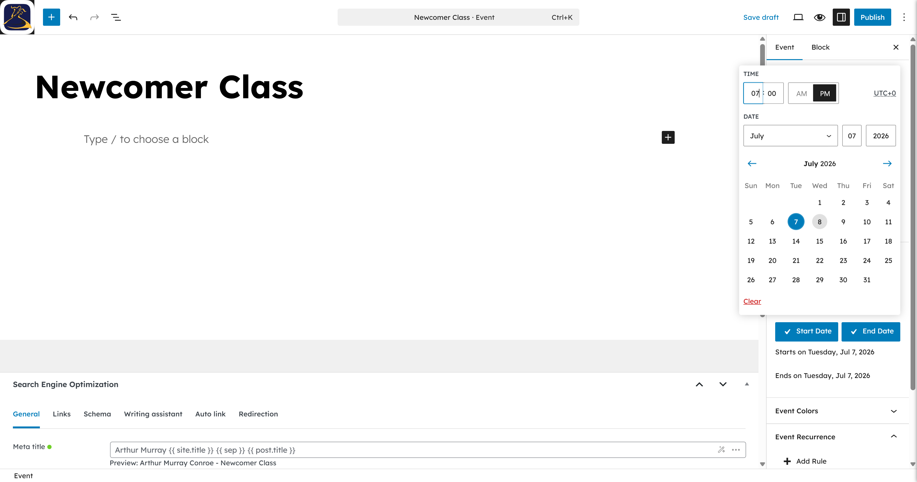 Click the time input to adjust the end hour.