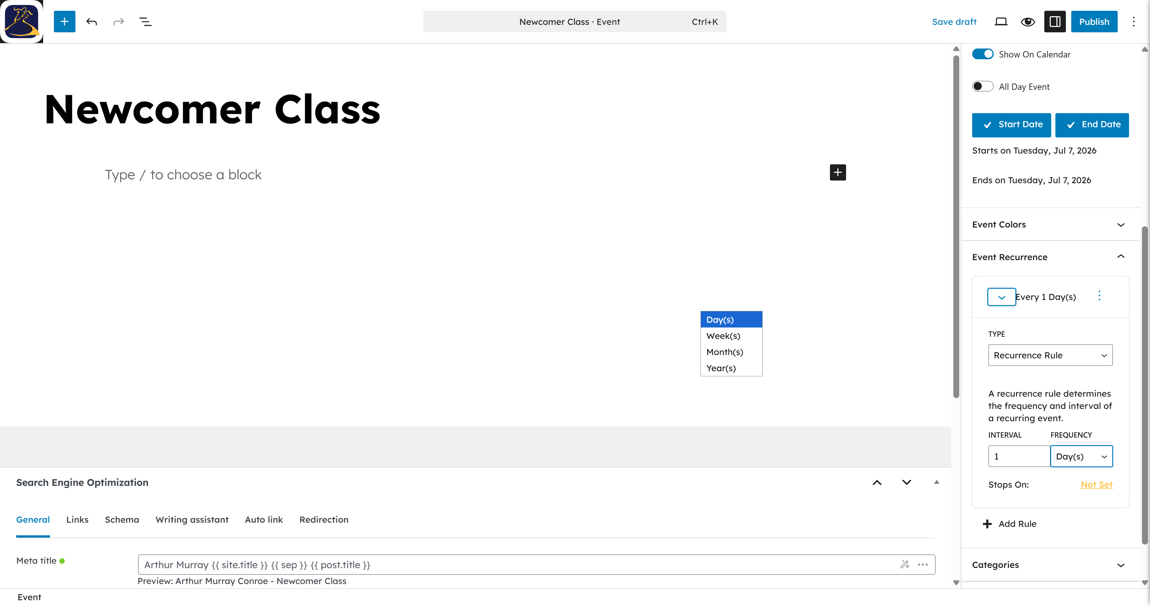 Select Week(s) to make this a weekly class.