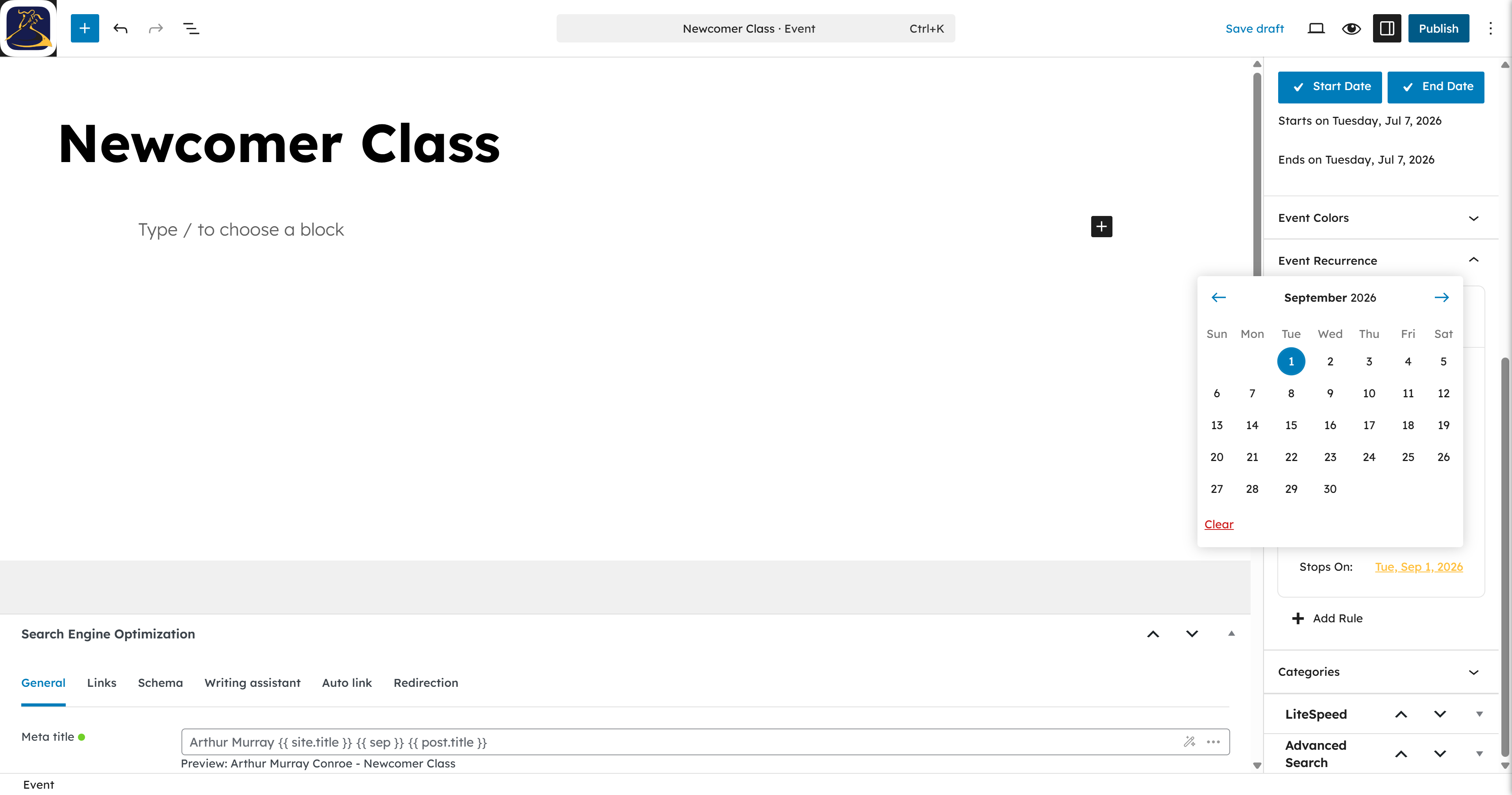 Click Publish to save your new class.