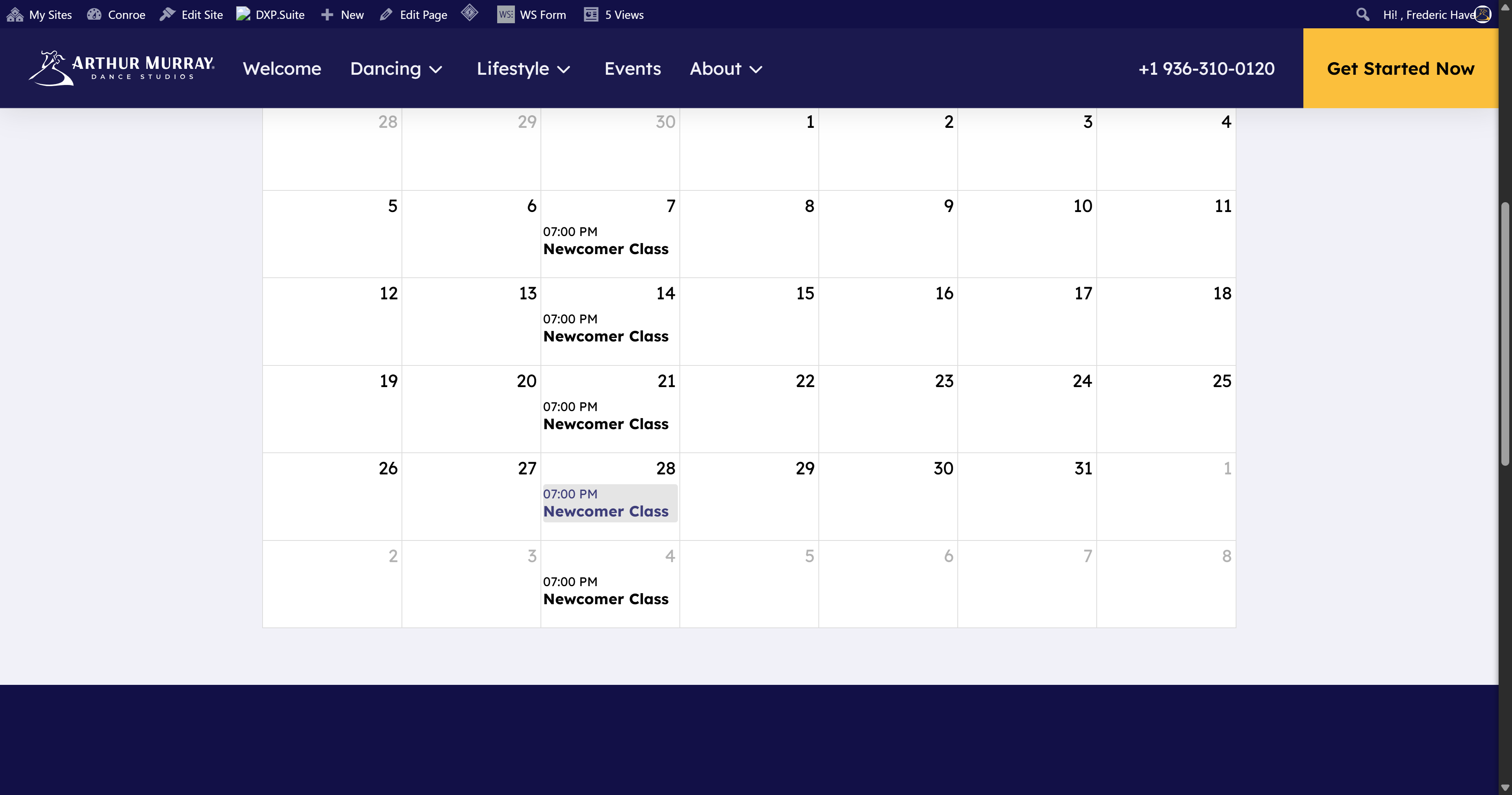 Newcomer Class now showing at every recurring time on the calendar.