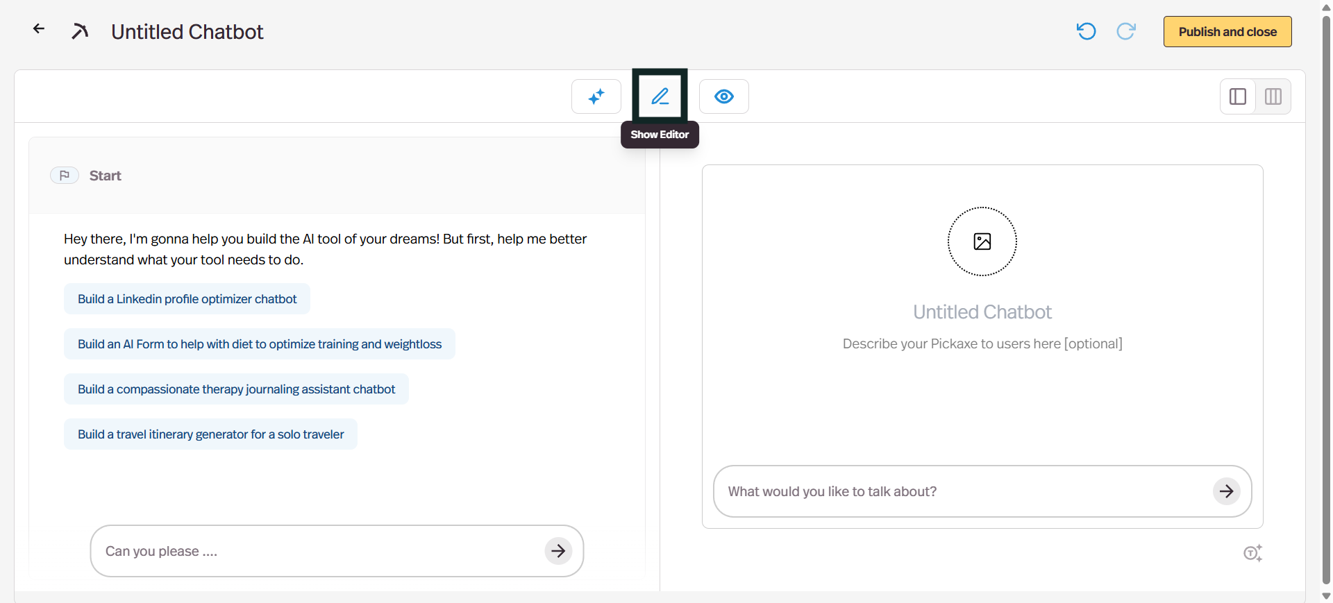 まず、真ん中の編集モード(Show Editor)を有効にして、つるはしツールの作成を開始してください。