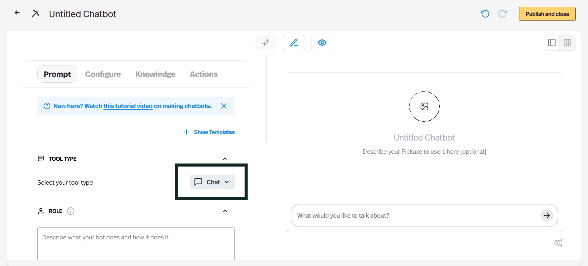 フォーム化されたアプリケーションを作成するので、ツールタイプを「フォーム(Form)」に変更してください