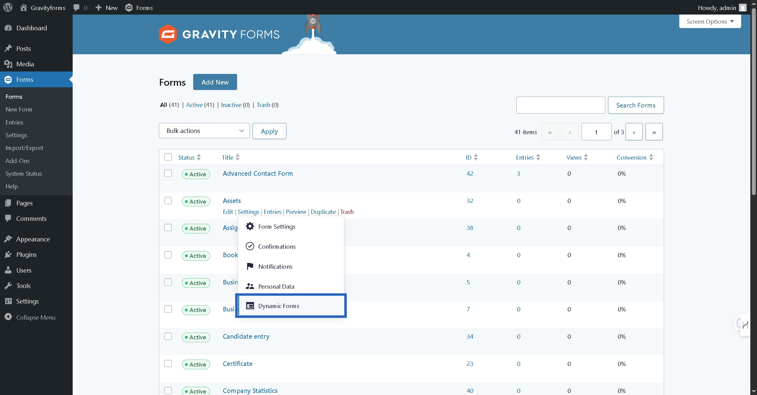 Select Dynamic Forms from the form settings popup menu