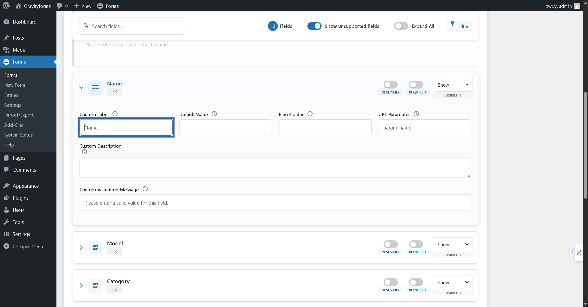 Enter custom label for the field