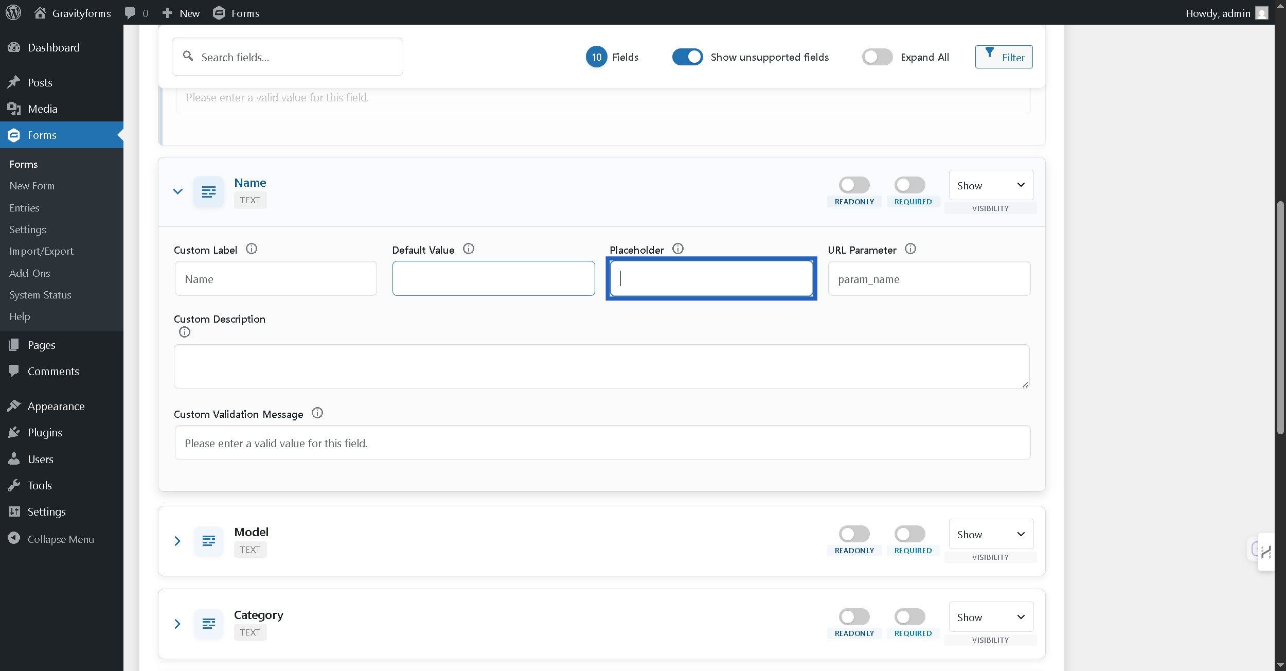 Set placeholder to show when field has no value