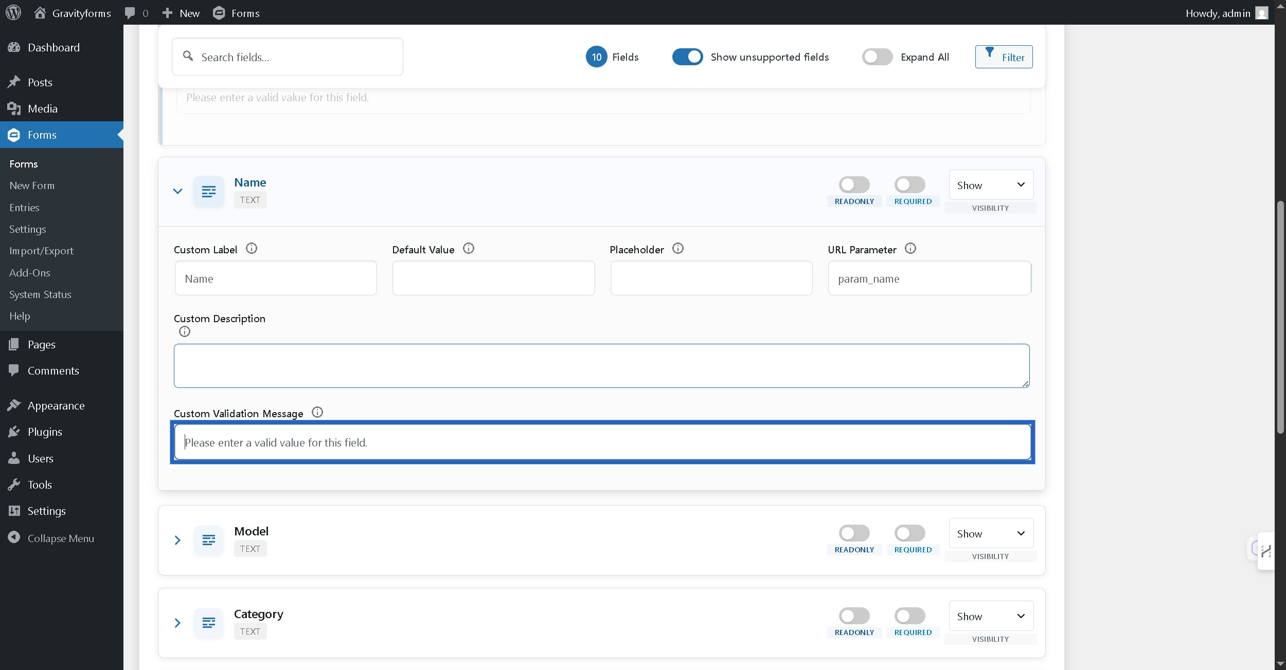 Set field specific validation message 