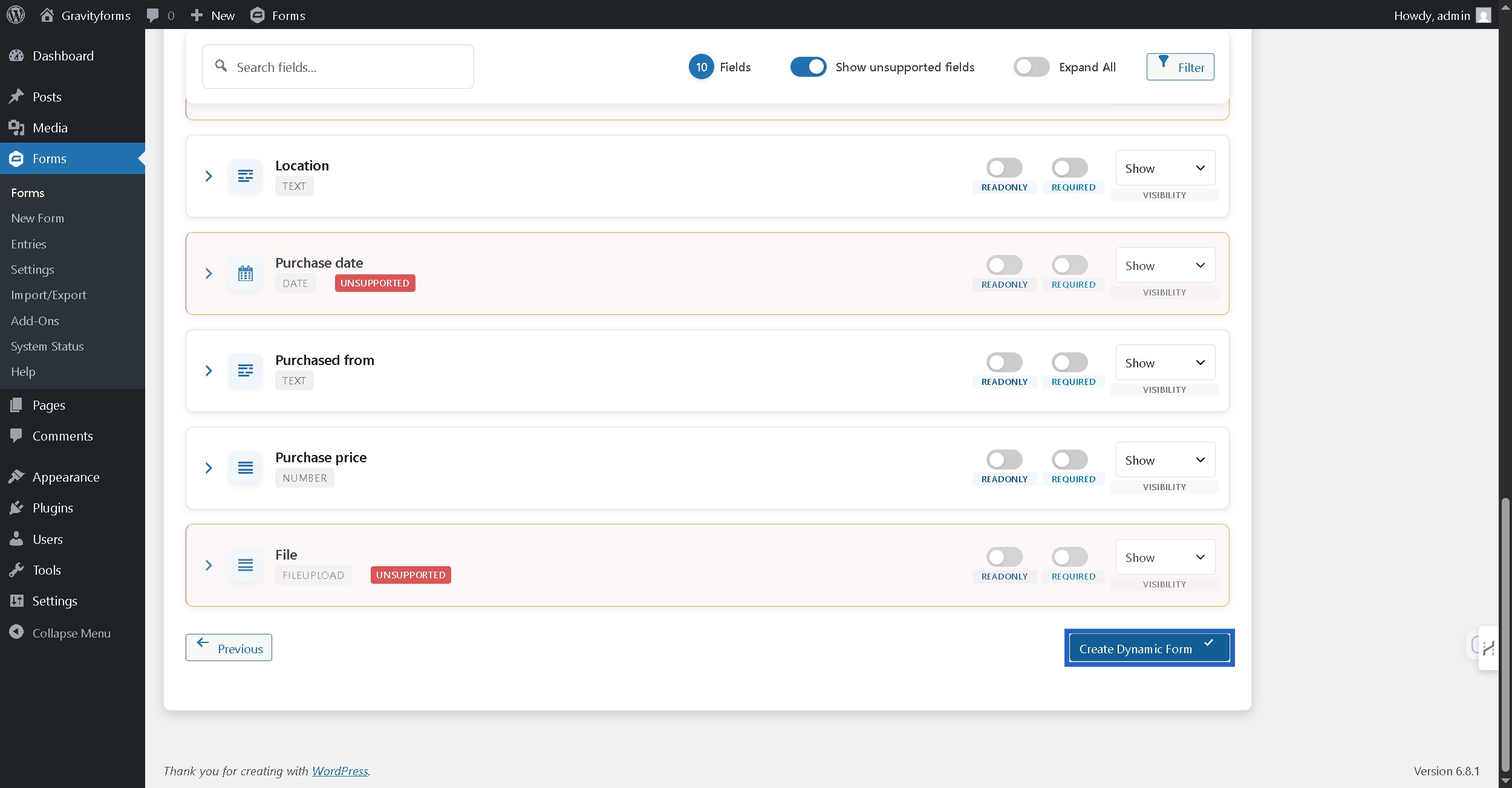 Click "Create Dynamic Form" button